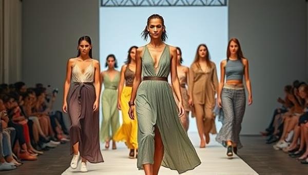 An eco-fashion showcase featuring a stunning runway display of sustainable clothing and accessories, with models wearing ethically sourced garments and eco-friendly designs, symbolizing the fusion of style and sustainability in fashion.