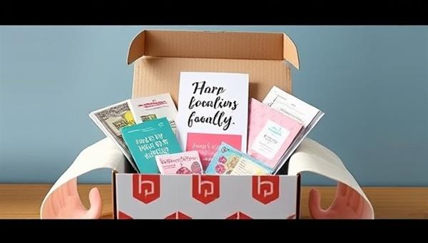An enticing visual of a beautifully designed subscription box filled with financial tools, motivational quotes, and self-care items, creating a sense of excitement and empowerment around financial wellness.