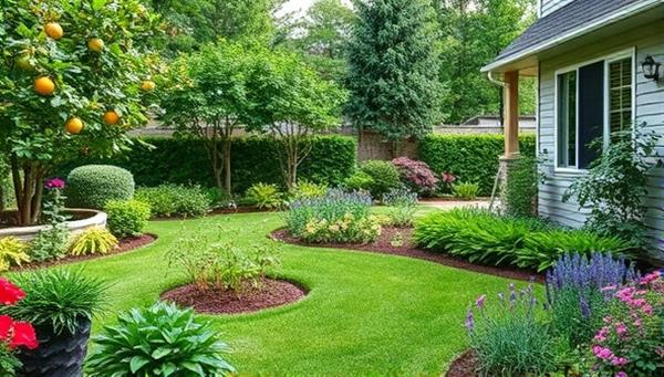 A residential backyard transformed into an edible plant paradise, featuring a harmonious blend of fruit trees, vegetable beds, and flowering herbs, surrounded by lush greenery and colorful blooms, illustrating the beauty and functionality of edible plant landscaping designs.