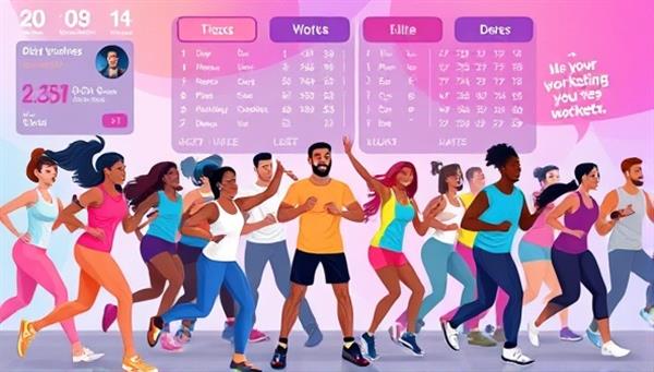 A dynamic digital illustration featuring a diverse group of individuals participating in a virtual fitness challenge, with interactive fitness trackers, leaderboards, and motivational quotes, creating a vibrant and energetic atmosphere for users to engage in virtual workouts and achieve fitness goals.