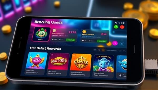An engaging app interface displaying colorful gamified elements, virtual rewards, and interactive betting quests, creating an immersive and rewarding experience for users navigating the BetQuest Rewards app.