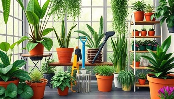 A vibrant and lush digital garden setting featuring a diverse array of indoor plants, gardening tools, and cozy plant corners, evoking a sense of tranquility and community within the online plant parenting space.