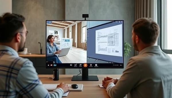A virtual consultation setup of Project Prodigy Consult featuring a professional consultant discussing construction project plans with a client through a video call, showcasing the remote consultancy service
