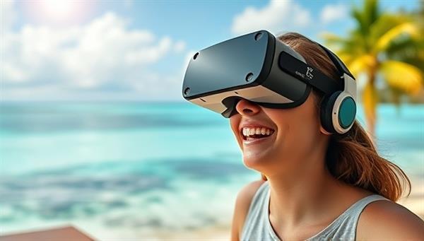 An individual wearing a VR headset, smiling in awe as they explore a vibrant and realistic virtual beach setting, capturing the essence of immersive travel experiences from home.
