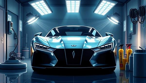A modern and sleek digital illustration showcasing a luxury car gleaming under professional detailing lights, surrounded by detailing tools and products, creating a visual representation of premium car care and meticulous attention to detail.