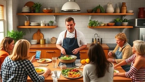 A vibrant virtual kitchen setting with a chef showcasing cooking techniques and ingredients, accompanied by participants cooking along from their own kitchens, sharing photos of their culinary creations and engaging in lively discussions with the chef, capturing the interactive and communal spirit of CookUnity Live.