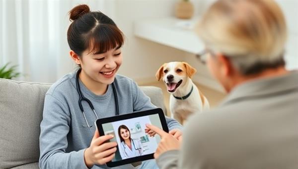 An adorable image of a pet owner engaging in a video consultation with a veterinarian on a tablet, while their pet playfully interacts in the background, showcasing the convenience and comfort of virtual pet healthcare services.