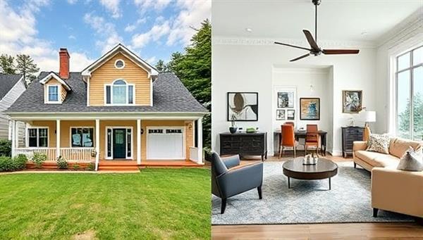 A split image showing a raw property photo on one side and the same photo virtually staged with modern furniture and decor on the other side, highlighting the transformative effect of PixelPerfect Estates