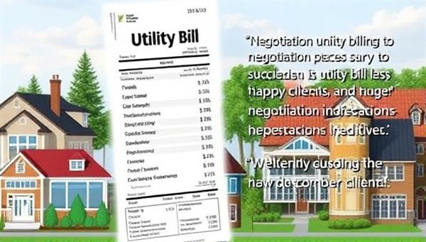 An engaging visual of a utility bill with highlighted savings, negotiation success stories, and a happy client testimonial, set against a backdrop of a diverse range of properties symbolizing the potential savings and benefits of optimized utility bills for various customers.