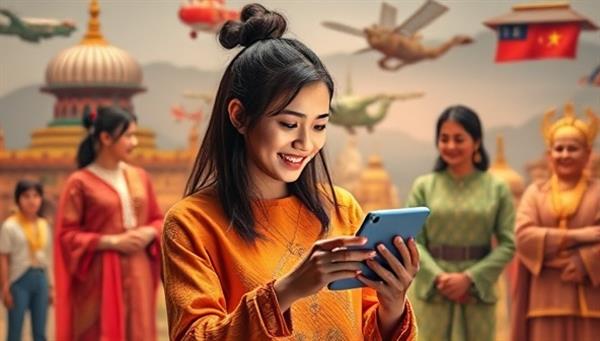 An engaging visualization of a user interacting with the app, practicing pronunciation with the speech recognition feature and receiving instant feedback, surrounded by virtual language tutors in various cultural settings, showcasing diversity and immersive learning experiences.
