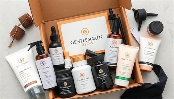 A stylish and masculine flat lay of a GentlemanGlow Box filled with premium grooming products, skincare essentials, and wellness items targeted towards men, exuding a sense of sophistication and luxury in male self-care.