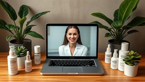 A sleek and modern virtual skincare consultation setup with a laptop showing a video call with a skincare expert, surrounded by various skincare products, plants, and a cozy ambiance, conveying professionalism and personalized service.