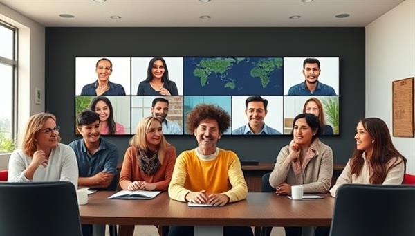 A virtual meeting room with diverse avatars representing different cultures engaging in language learning activities, creating an inclusive and vibrant learning environment.