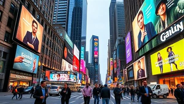 An urban streetscape featuring a bustling city center with vibrant and interactive digital billboards displaying engaging ad content, surrounded by pedestrians interacting with the screens and experiencing the immersive advertising environment created by DigitizeReach.