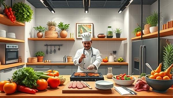 An artistic digital illustration of a virtual kitchen studio filled with fresh ingredients, cooking utensils, and a chef guiding participants through a culinary masterclass, capturing the essence of culinary creativity and gastronomic delight in a virtual setting.