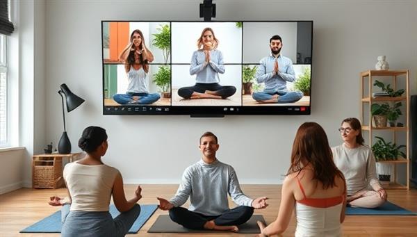 An engaging virtual wellness workshop scene with a diverse group of remote team members participating in yoga sessions, mindfulness exercises, and wellness challenges via video conferencing, emphasizing unity and well-being in a digital workspace.