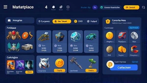An illustration of a digital marketplace interface featuring a variety of in-game assets, currencies, and collectibles available for trade, with secure blockchain verification symbols and cryptocurrency payment options, showcasing the decentralized and transparent nature of CryptoGame Exchange.