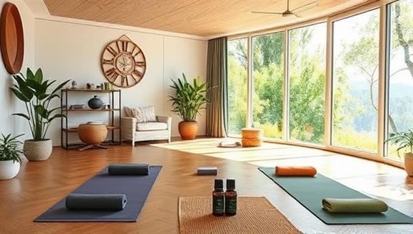 An inviting virtual wellness space with tranquil decor, yoga mats, essential oils, and a serene backdrop of nature, creating a calming and immersive environment for virtual retreat participants.