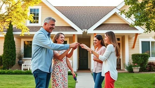 A vibrant image showcasing two families happily exchanging keys in front of their homes, symbolizing a seamless property swap experience within a friendly neighborhood setting.