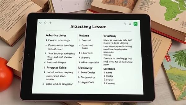 An engaging language lesson displayed on a tablet screen, featuring interactive exercises, vocabulary challenges, and pronunciation guides, surrounded by language textbooks and cultural symbols, creating an immersive language learning experience with AI technology.