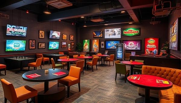 An inviting lounge space with cozy seating areas, game tables, and immersive escape room challenges integrated seamlessly into the environment, surrounded by strategically placed brand ads and interactive displays, creating a vibrant and engaging social hub for entertainment and advertising.