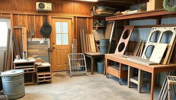 A workshop setting with reclaimed wood, metal scraps, and discarded construction materials organized for upcycling projects, accompanied by tools and finished upcycled decor pieces, inspiring creativity and sustainability that ReClaimed Creations promotes.