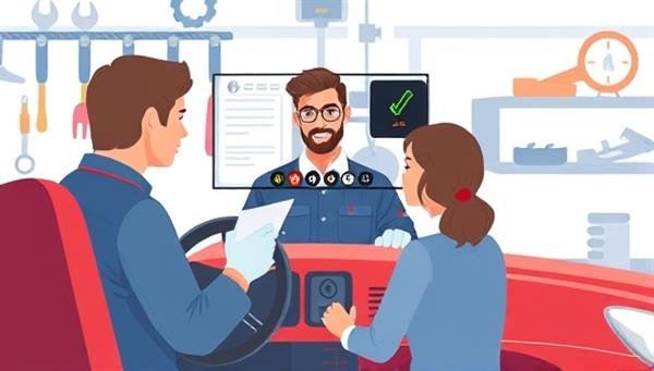 A digital illustration showing a virtual mechanic providing guidance to a car owner via a video call, with tools and car parts displayed in the background, emphasizing remote assistance and technical support for vehicle maintenance.