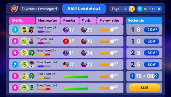 A digital leaderboard displaying top participants in various skill challenges, with colorful badges, progress bars, and exciting animations, creating a sense of achievement and motivation for users to excel in their skill-building journey.