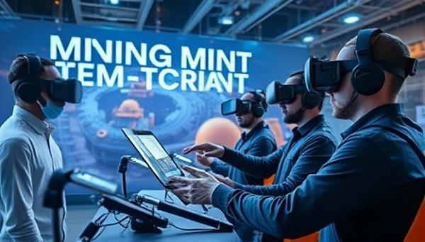 An interactive VR training session in progress, with miners wearing VR headsets and engaging with virtual mining equipment and scenarios, surrounded by a futuristic digital environment, capturing the essence of immersive and engaging training provided by VRock Mine Academy.
