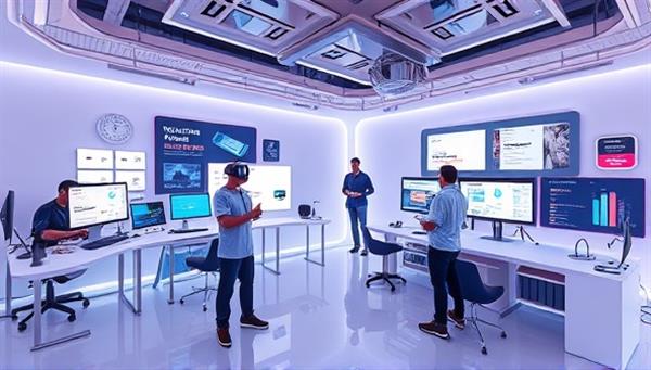An immersive VR environment showcasing a virtual design studio with designers and clients interacting in a 3D space, manipulating website elements and visualizing concepts, highlighting the futuristic and collaborative aspect of VRDesign Hub.