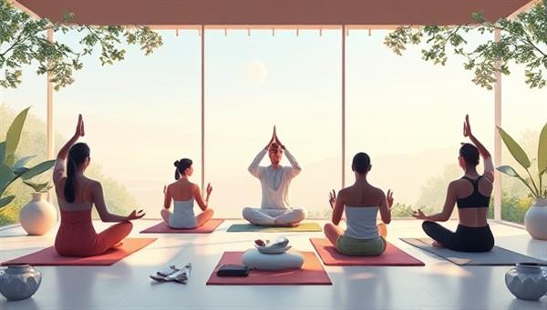 A serene digital illustration of a ZenZone Retreat session with participants practicing yoga poses and meditation in a tranquil virtual setting, surrounded by nature and calming elements, evoking a sense of inner peace and connection.
