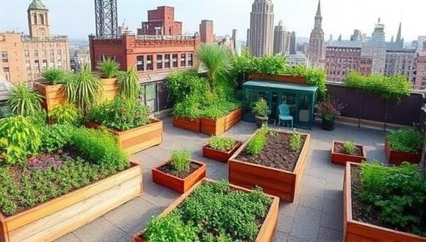 An urban rooftop transformed into a lush garden oasis, featuring raised beds, vertical planters, and seating areas, creating a serene and sustainable escape in the midst of the cityscape.