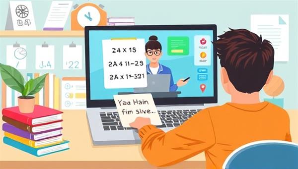 A dynamic digital illustration of a virtual tutoring session, featuring a student engaged in a math problem-solving session with a tutor on a laptop screen, with educational resources and study materials displayed in the background, creating an interactive and engaging virtual learning environment for students seeking academic support.