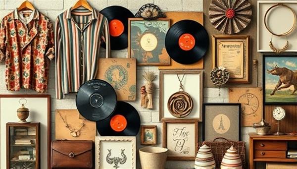 A digital collage of diverse vintage items like retro clothing, vinyl records, antique jewelry, and quirky home decor pieces, creating a nostalgic and eclectic vibe that captures the essence of RetroRevive