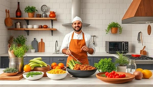 An enticing virtual cooking class setup with a well-equipped kitchen, fresh ingredients from different countries, and a chef demonstrating cooking techniques on a live stream, creating an immersive and educational culinary experience for participants.