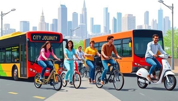 An engaging visual concept showcasing a diverse group of urban residents using different transportation modes included in the CityJourney Pass, such as buses, bikes, and scooters, with a city skyline in the background, symbolizing mobility, diversity, and interconnected urban living.