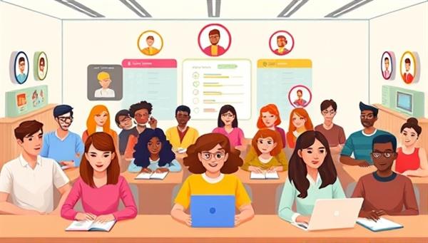 A digital illustration of diverse avatars in a virtual study room, interacting with game-like elements such as leaderboards, badges, and progress bars, creating a vibrant and immersive study environment that motivates users to learn and collaborate.