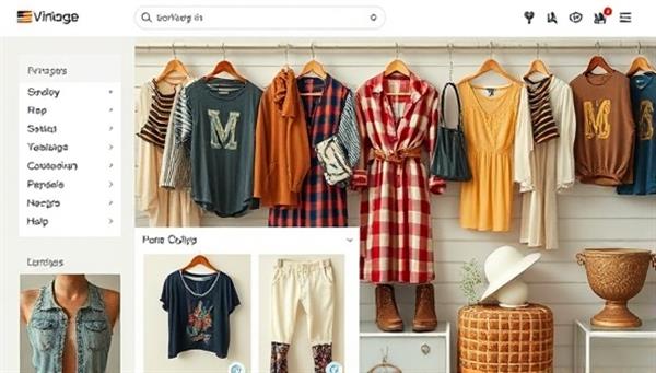 An online marketplace interface displaying a variety of vintage clothing items, accessories, and home decor pieces, styled in a trendy and appealing way, reflecting the concept of sustainable fashion and affordable finds in a virtual thrift store setting.