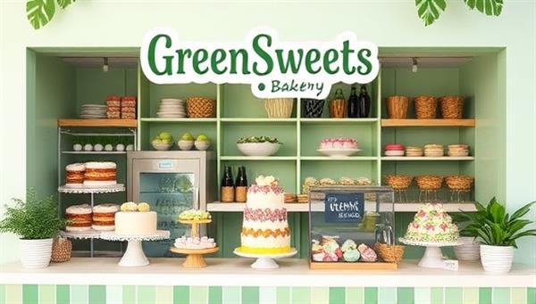 A charming and eco-friendly bakery display showcasing GreenSweets Bakery