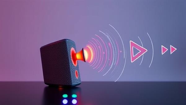 An immersive visualization of a smart speaker emitting a voice-activated audio ad, with sound waves and visual cues illustrating the interaction between the user and the device, showcasing the seamless integration of voice-activated advertising on the platform.