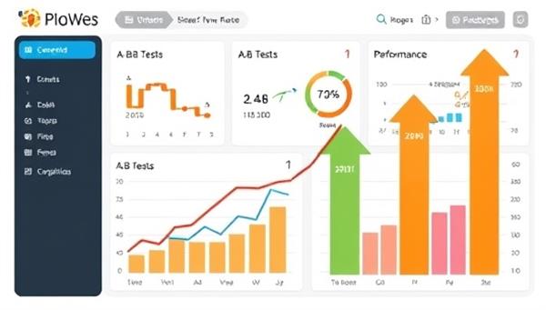 An analytical dashboard displaying website conversion metrics, A/B test results, and performance graphs, with arrows pointing upwards to signify improved conversion rates and business growth with OptiWebConvert