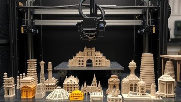 An industrial 3D printer in action, creating intricate construction components layer by layer, with a diverse range of printed elements displayed around it, highlighting the precision and customization offered by PrintBuilt Solutions.