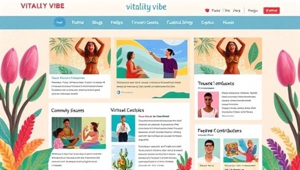 A vibrant digital illustration of the Vitality Vibe Tribe blog platform showcasing diverse wellness articles, community forums, virtual event listings, and featured contributors, creating an inclusive and informative hub for health and wellness enthusiasts.