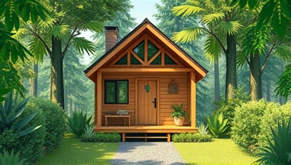 An artistic rendering of a cozy and sustainable tiny house surrounded by lush greenery, illustrating the harmony between nature and modern eco-friendly living.