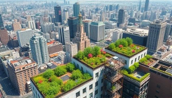 An aerial view of a bustling cityscape with vibrant rooftop gardens blooming with a variety of plants, creating a green oasis amidst the urban jungle, illustrating the concept of sustainable urban living.