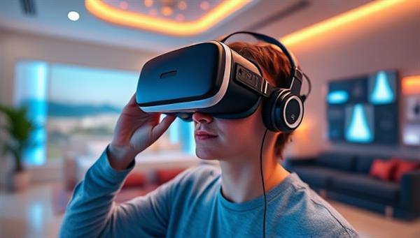 An individual wearing a VR headset, exploring a beautifully rendered virtual property tour with interactive features like room customization and real-time property information, showcasing the futuristic and engaging nature of VirtuSpaces Tours.