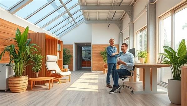 An office setting with sustainable building materials like bamboo flooring, solar panels, and energy-efficient lighting, accompanied by a consultant discussing eco-friendly construction solutions with a client, emphasizing innovation and environmental consciousness.