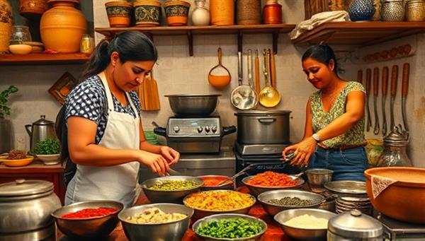 An evocative image of a traveler participating in a traditional cooking class with a local host in a vibrant kitchen setting, surrounded by colorful spices, cooking utensils, and cultural artifacts, capturing the essence of cultural exchange and culinary exploration.