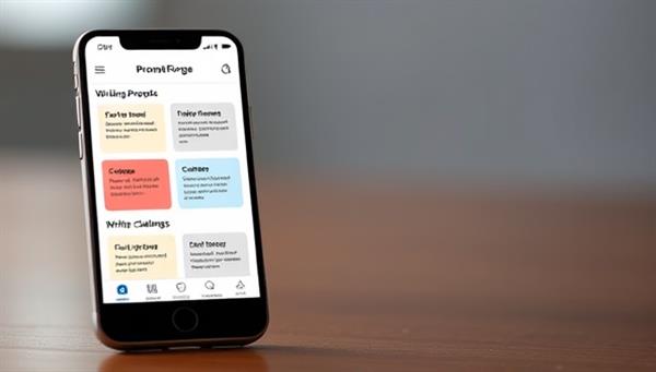 An engaging visual representation of the PromptForge app interface on a mobile device, displaying a variety of customizable writing prompts, interactive challenge features, and a vibrant writing community feed, illustrating the user-friendly and creative nature of the app for writers on the go.