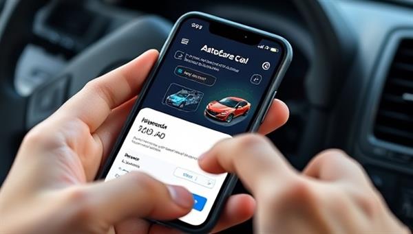 An interactive mobile screen displaying the AutoCare AI app interface, with a user running a diagnostic scan on a virtual car model and receiving instant maintenance suggestions, highlighting the app
